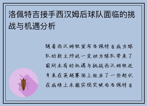 洛佩特吉接手西汉姆后球队面临的挑战与机遇分析